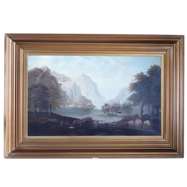 Italian School Oil on Canvas Painting, Mountainous Lake Landscape