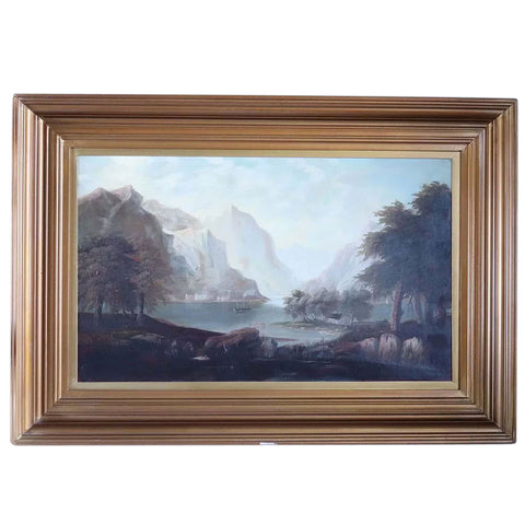 Italian School Oil on Canvas Painting, Mountainous Lake Landscape