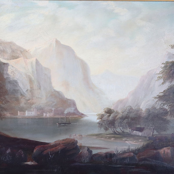 Italian School Oil on Canvas Painting, Mountainous Lake Landscape