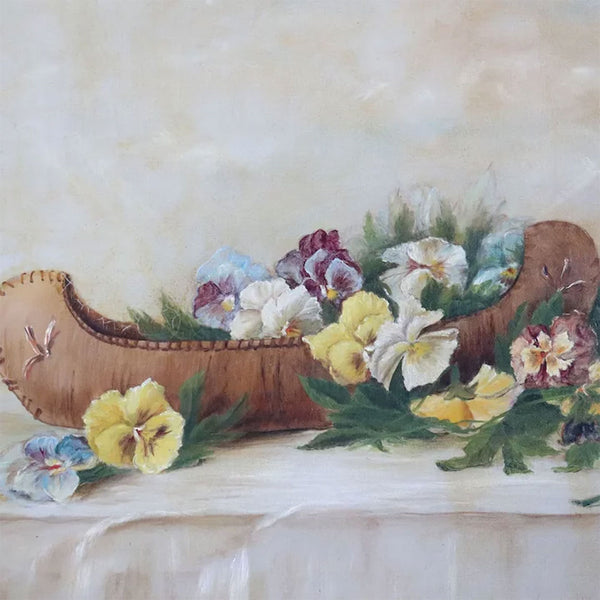 E.L. DARLING Oil on Canvas Painting, Canoe Model with Pansy Flowers