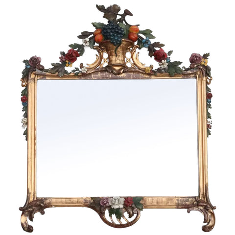 Vintage Italian Style Polychrome and Gilt Plaster Wood Wall Mirror