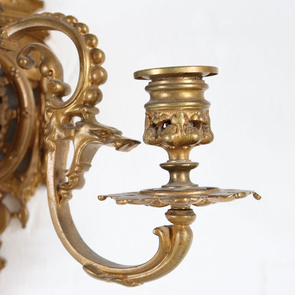 Pair French Renaissance Revival Cast Brass Three-Candlelight Wall Sconce Lights