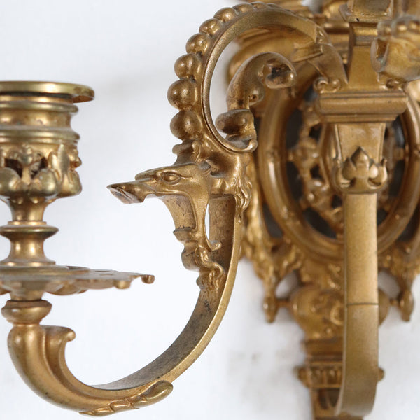 Pair French Renaissance Revival Cast Brass Three-Candlelight Wall Sconce Lights