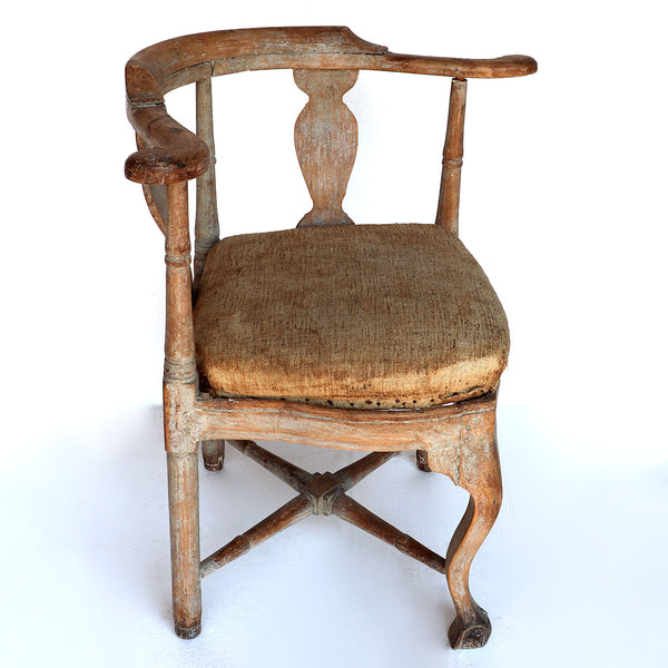 Pair Swedish Beechwood Linen Upholstered Seat Corner Armchairs