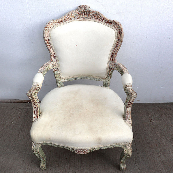 Pair French Louis XV Style Painted Beechwood Cotton Upholstered Armchairs