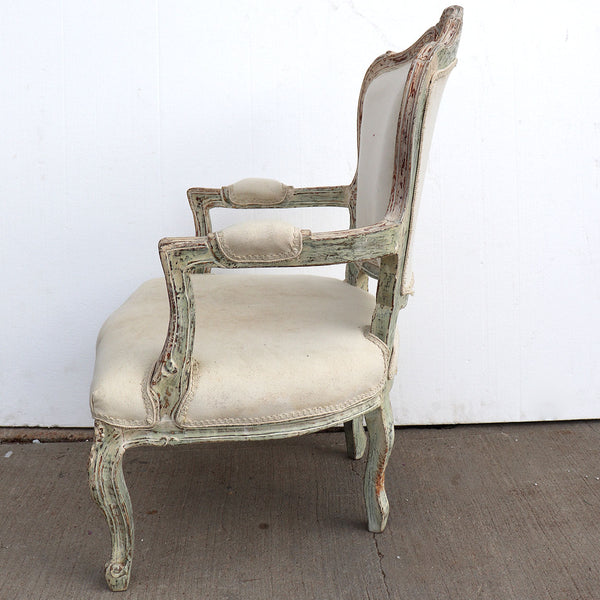 Pair French Louis XV Style Painted Beechwood Cotton Upholstered Armchairs