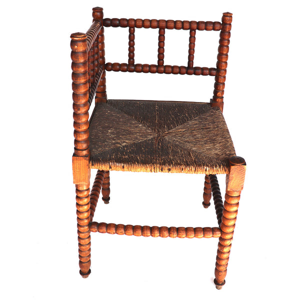 English Oak Bobbin-Turned Rush Seat Corner Chair