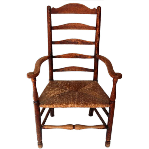 Early English Georgian Oak Rush Seat Ladderback Armchair