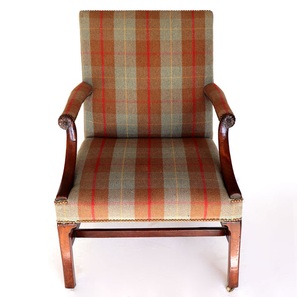 English Chippendale Mahogany Plaid Upholstered Library Armchair