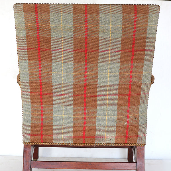 English Chippendale Mahogany Plaid Upholstered Library Armchair
