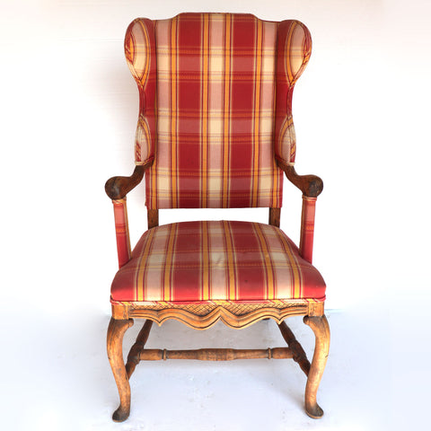 Early Swedish Gustavian Birch Plaid Upholstered Wingback Armchair