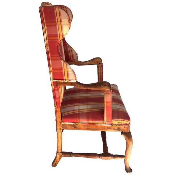 Swedish Gustavian Birch Plaid Upholstered Wingback Armchair