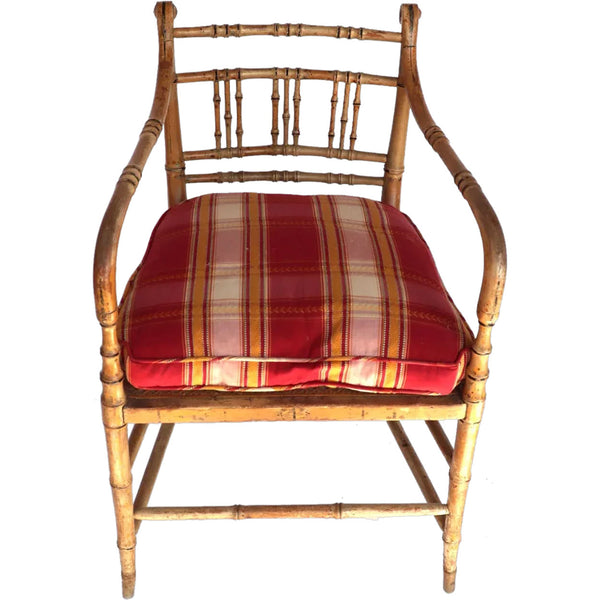 English Regency Beechwood Painted Faux Bamboo, Caned, Upholstered Armchair