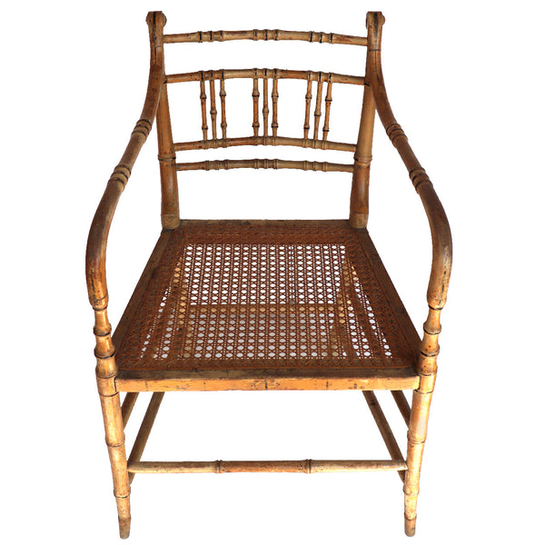 English Regency Beechwood Painted Faux Bamboo, Caned, Upholstered Armchair