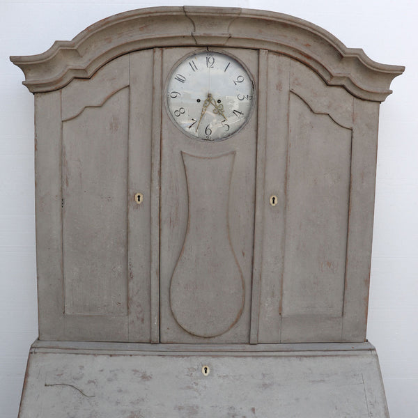 Swedish Painted Oak and Pine Clock Two-Part Desk Cupboard