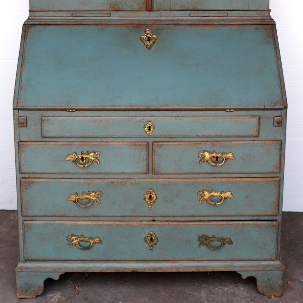 Swedish Blue Painted Oak Bookcase Secretaire Two-Part Cabinet
