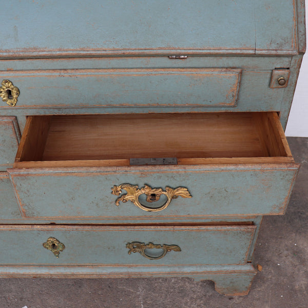 Swedish Blue Painted Oak Bookcase Secretaire Two-Part Cabinet