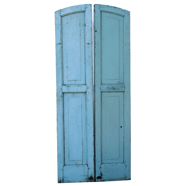 Pair of French Blue Painted Pine Arched Architectural Window Shutters