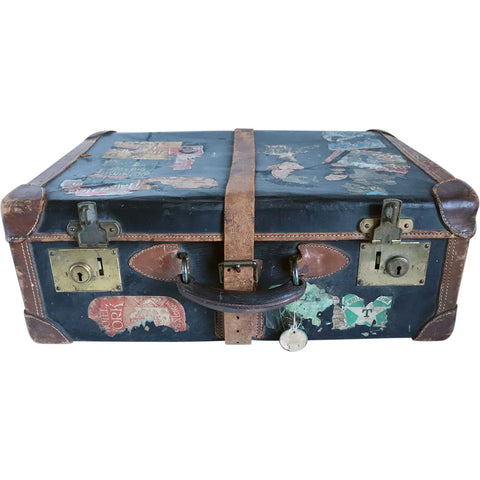 English Victorian Two-Tone Leather Suitcase with Travel Stickers