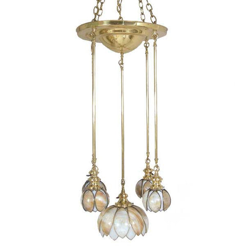American Albert Sechrist Brass and Curved Opalescent Glass 5-Light Pendant Light