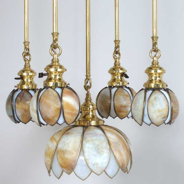 American Albert Sechrist Brass and Curved Opalescent Glass 5-Light Pendant Light