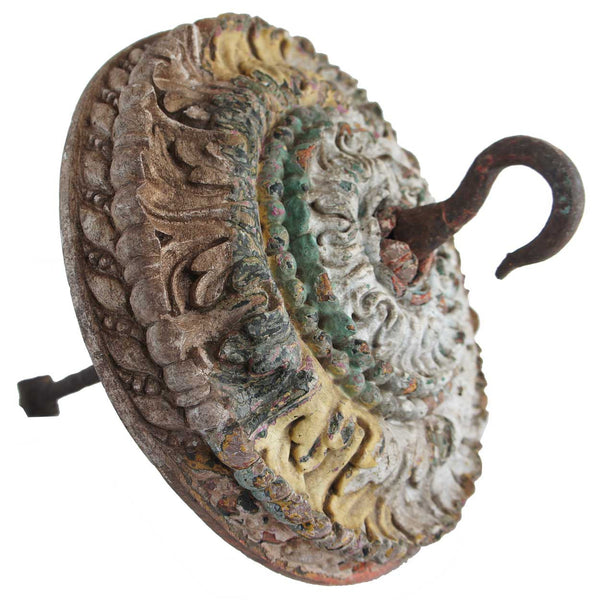 Indian Goan CarvedPainted Teak and Wrought Iron Ceiling Medallion Hook