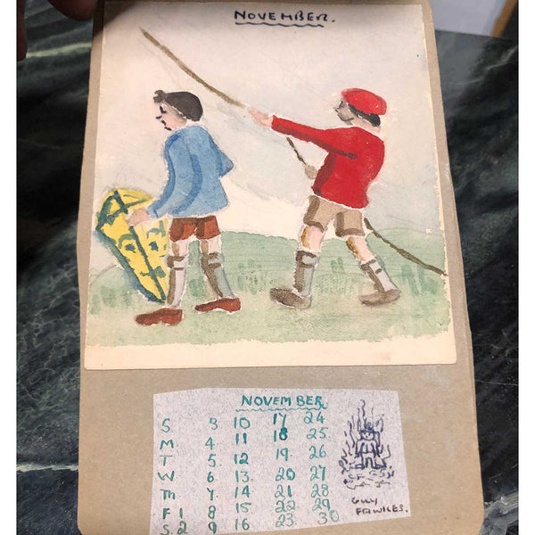 Vintage English Watercolor and Ink on Paper Schoolgirl Calendar