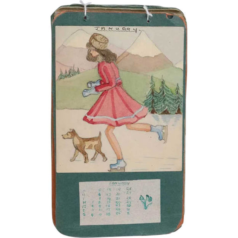 Vintage English Watercolor and Ink on Paper Schoolgirl Calendar