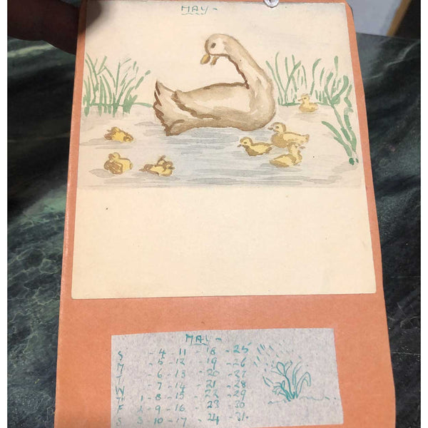 Vintage English Watercolor and Ink on Paper Schoolgirl Calendar