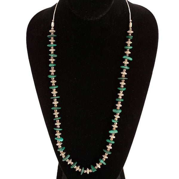 Vintage Southwest Long Silver, Silverplate and Malachite Bead Necklace