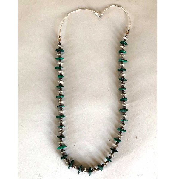Vintage Southwest Long Silver, Silverplate and Malachite Bead Necklace