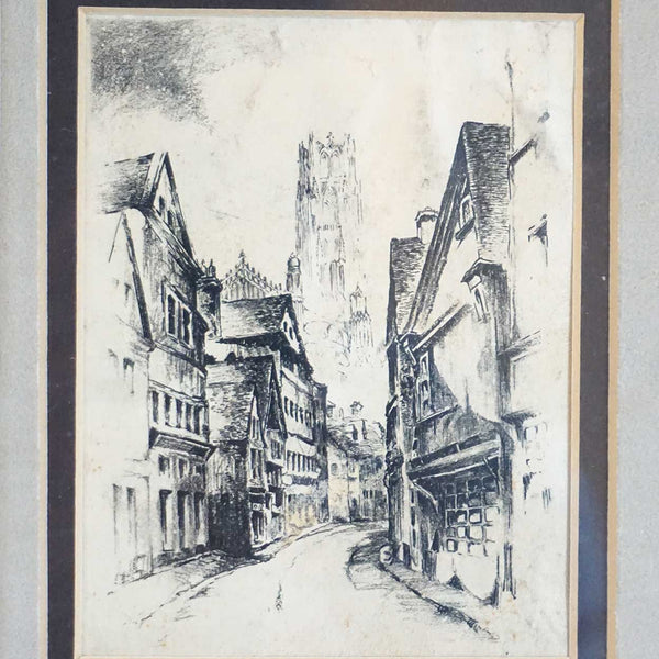 Vintage Engraving on Paper and Printing Plate, Saint-Ouen Rouen Street Scene