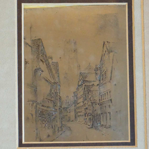 Vintage Engraving on Paper and Printing Plate, Saint-Ouen Rouen Street Scene