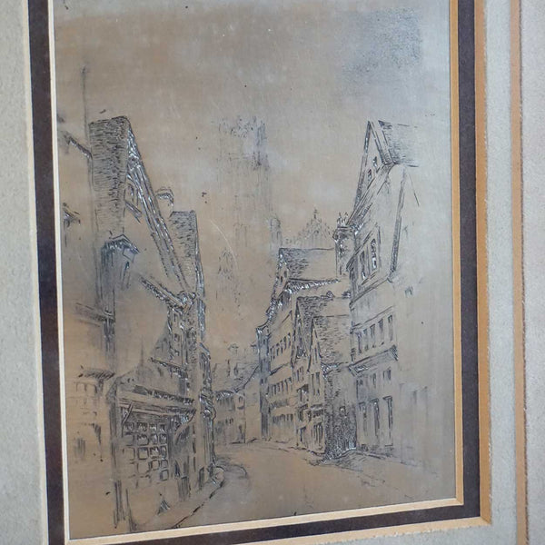 Vintage Engraving on Paper and Printing Plate, Saint-Ouen Rouen Street Scene