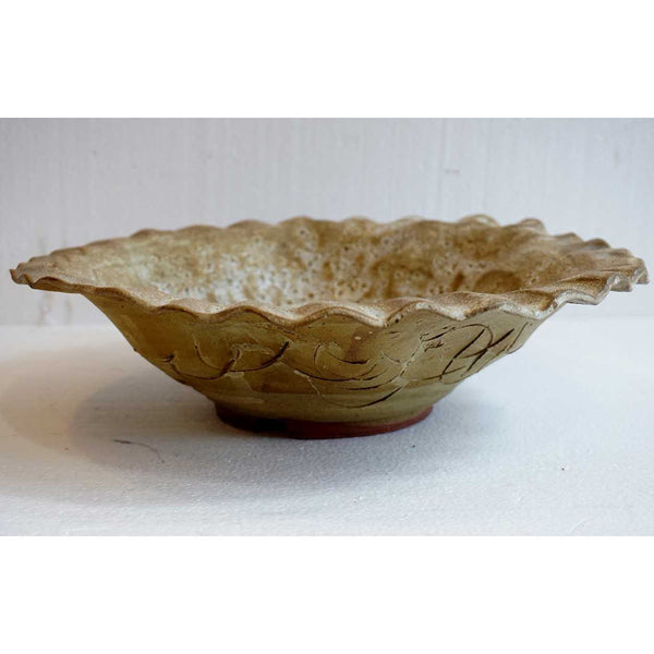 ERON JOHNSON Contemporary Art Pottery Brown Glaze Crimped Edge Bowl