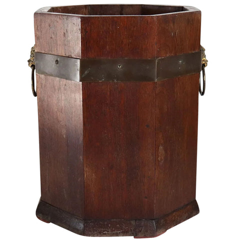 English Teak and Brass Mounted Lion Head Handles Octagonal Waste Paper Bin