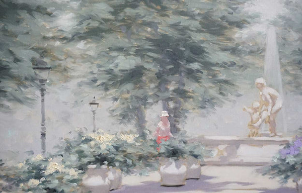 ANDRE GISSON Oil on Canvas Painting, Parisian Park Scene with Fountain