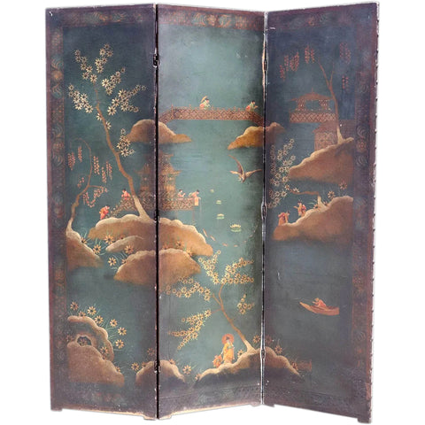 Italian/French Chinoiserie Hand Painted Fabric Three-Panel Screen