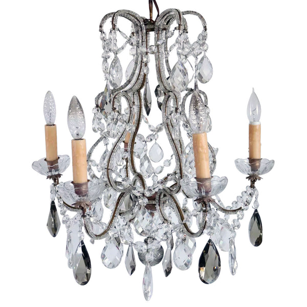Small French Louis XV Revival Wrought Iron, Beaded and Crystal Six-Light Chandelier