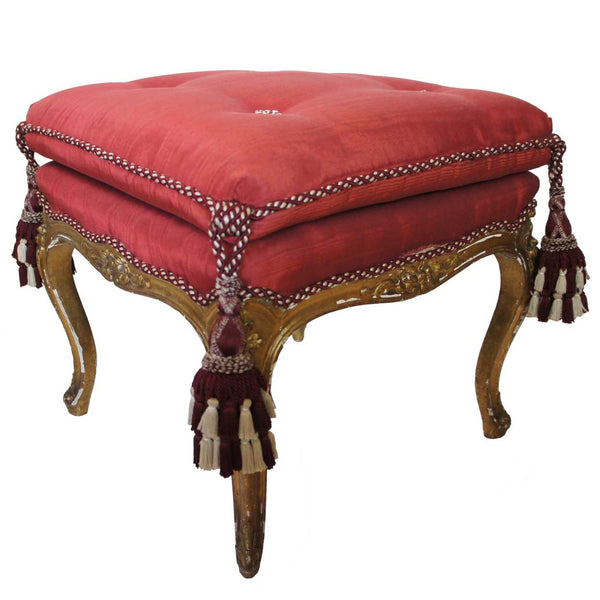 French Louis XV Revival Gilt Beech and Red Upholstered Tufted Square Stool / Tabouret