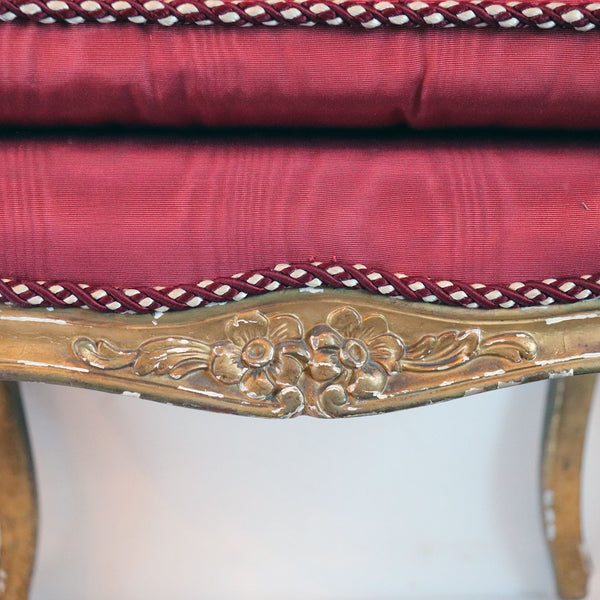 French Louis XV Revival Gilt Beech and Red Upholstered Tufted Square Stool / Tabouret