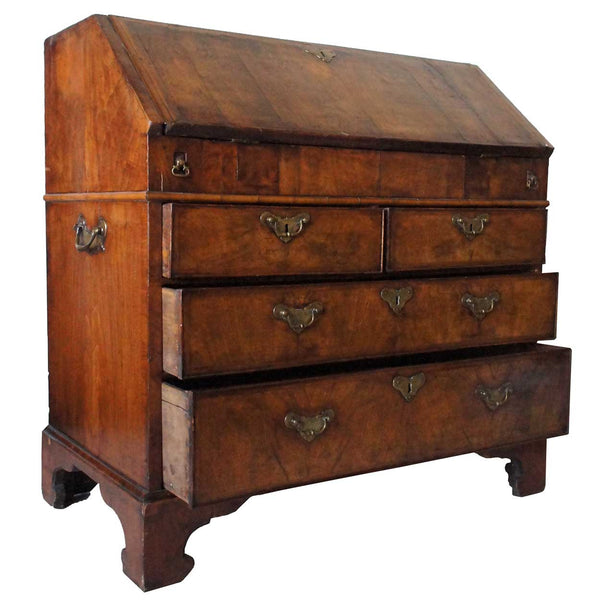 English Chippendale Walnut Veneer Drop Front Secretaire Chest of Drawers
