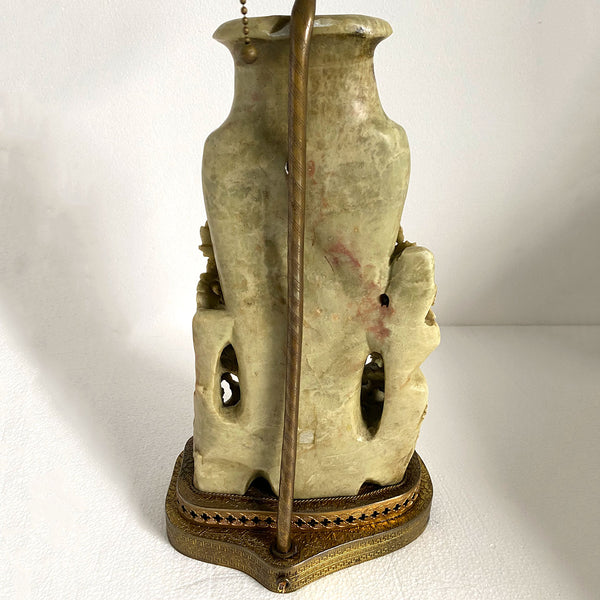 Vintage Chinese Soapstone Bird Vase Brass Mounted Two-Light Table Lamp
