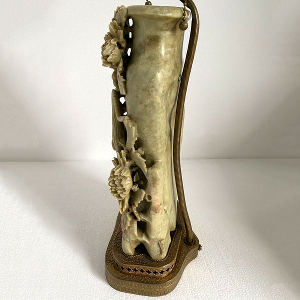 Vintage Chinese Soapstone Bird Vase Brass Mounted Two-Light Table Lamp