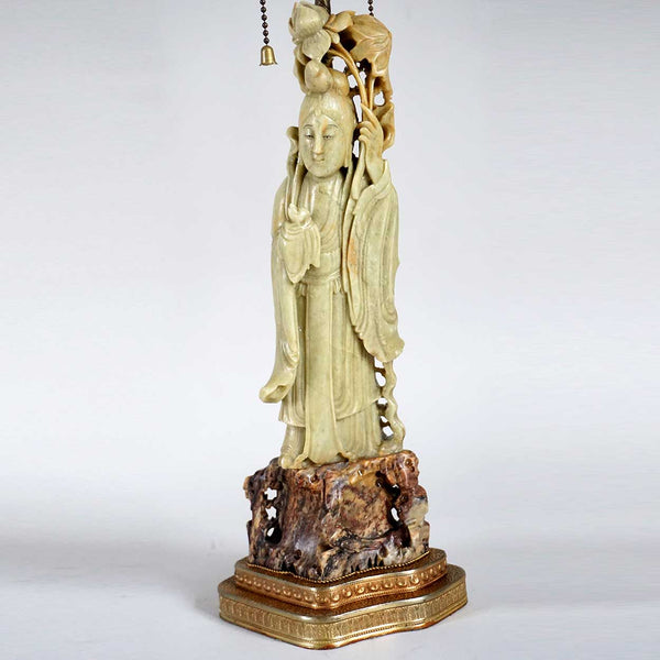 Vintage Chinese Soapstone Figural Guanyin Two-Light Table Lamp