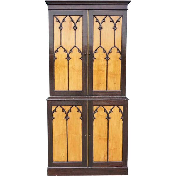 English Gothic Revival Stained Oak and Satinwood Stepback Cabinet