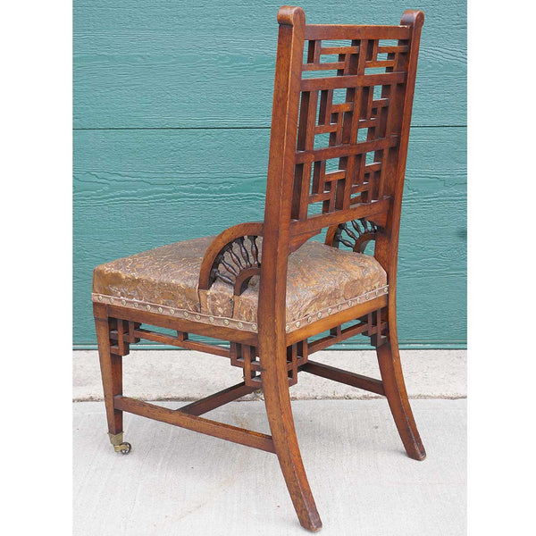 Set of Three English Blyth & Sons Aesthetic Movement Mahogany and Leather Seat Lattice Side Chairs