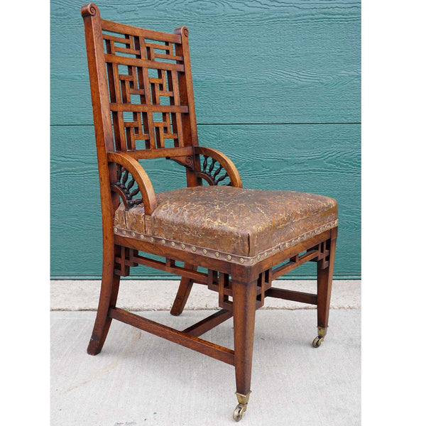 Set of Three English Blyth & Sons Aesthetic Movement Mahogany and Leather Seat Lattice Side Chairs