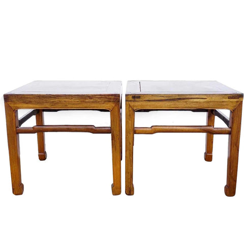 Pair Small Chinese Qing Elm Square Side Tables