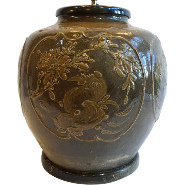 Chinese Qing Brown Glaze Pottery Jar One-Light Table Lamp